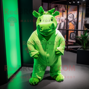 Lime Green Rhinoceros mascot costume character dressed with a Romper and Cufflinks