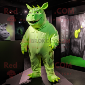 Lime Green Rhinoceros mascot costume character dressed with a Romper and Cufflinks