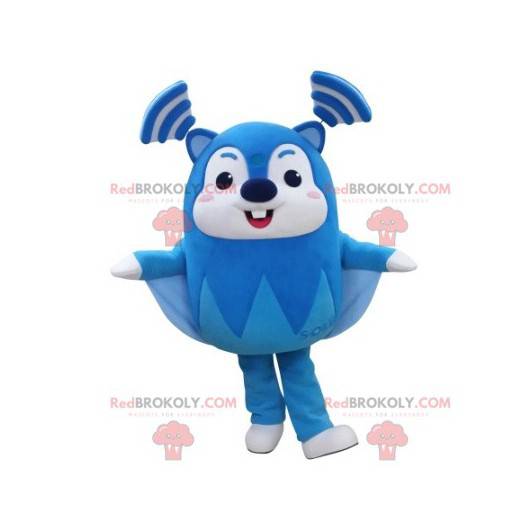 Very funny blue and white flying squirrel mascot -