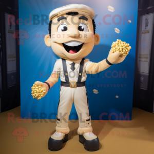 Gold Pop Corn mascot costume character dressed with a Rugby Shirt and Suspenders
