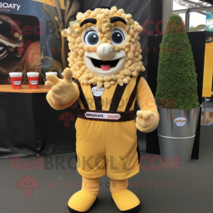 Gold Pop Corn mascot costume character dressed with a Rugby Shirt and Suspenders