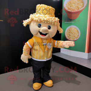 Gold Pop Corn mascot costume character dressed with a Rugby Shirt and Suspenders