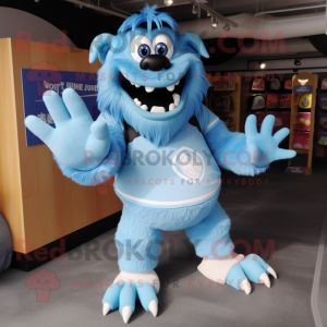 Sky Blue Ogre mascot costume character dressed with a Button-Up Shirt and Shoe laces