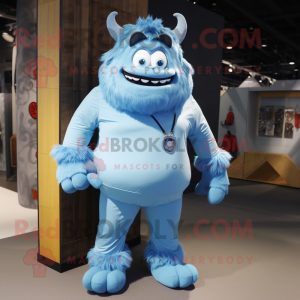 Sky Blue Ogre mascot costume character dressed with a Button-Up Shirt and Shoe laces