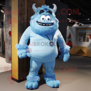 Sky Blue Ogre mascot costume character dressed with a Button-Up Shirt and Shoe laces