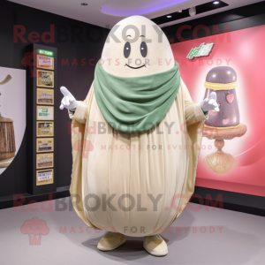 Beige Melon mascot costume character dressed with a Mom Jeans and Shawl pins