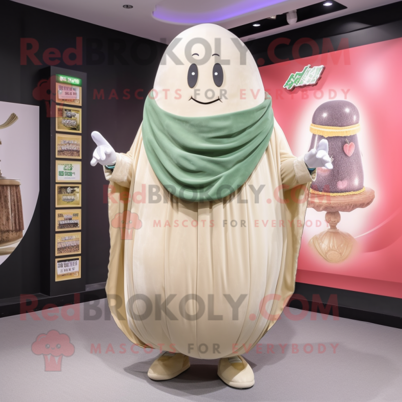 Beige Melon mascot costume character dressed with a Mom Jeans and Shawl pins Beige Melon mascot costume character dressed with a Mom Jeans and Shawl pins