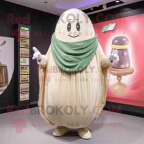 Beige Melon mascot costume character dressed with a Mom Jeans and Shawl pins