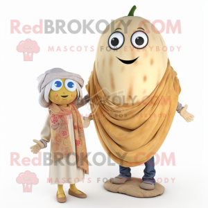 Beige Melon mascot costume character dressed with a Mom Jeans and Shawl pins