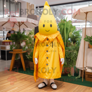 Lemon Yellow Carrot mascot costume character dressed with a Raincoat and Brooches