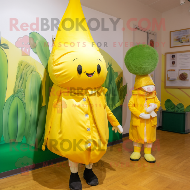 Lemon Yellow Carrot mascot costume character dressed with a Raincoat and Brooches Lemon Yellow Carrot mascot costume character dressed with a Raincoat and Brooches