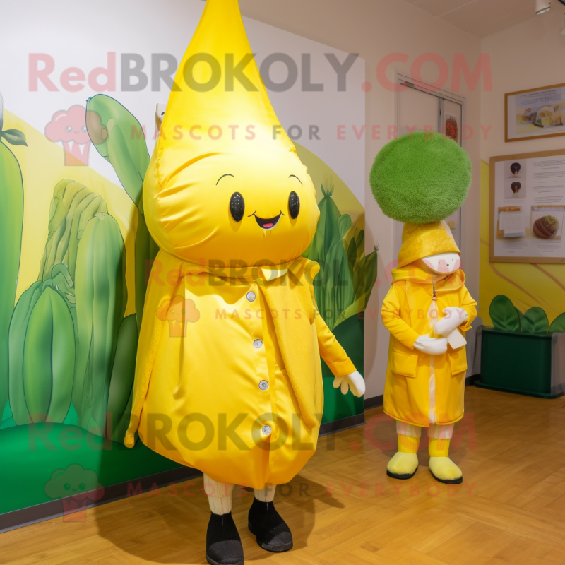 Lemon Yellow Carrot mascot costume character dressed with a Raincoat and Brooches