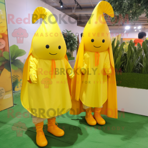 Lemon Yellow Carrot mascot costume character dressed with a Raincoat and Brooches