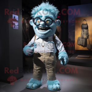 Sky Blue Frankenstein mascot costume character dressed with a Romper and Eyeglasses