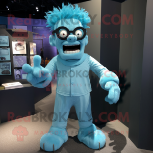 Sky Blue Frankenstein mascot costume character dressed with a Romper and Eyeglasses