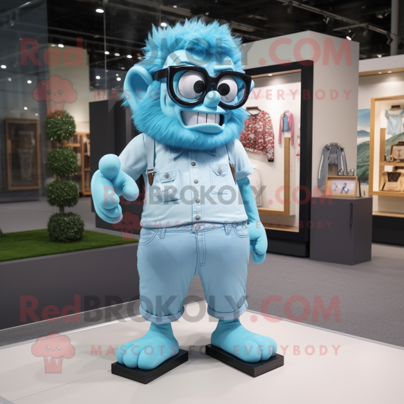 Sky Blue Frankenstein mascot costume character dressed with a Romper and Eyeglasses