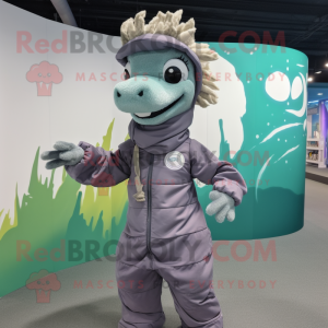 Gray Seahorse mascot costume character dressed with a Windbreaker and Headbands