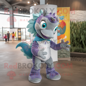 Gray Seahorse mascot costume character dressed with a Windbreaker and Headbands