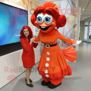 Red Clown Fish mascot costume character dressed with a A-Line Skirt and Watches
