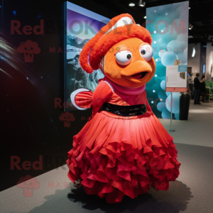 Red Clown Fish mascot costume character dressed with a A-Line Skirt and Watches