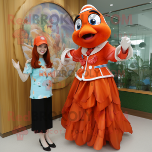 Red Clown Fish mascot costume character dressed with a A-Line Skirt and Watches