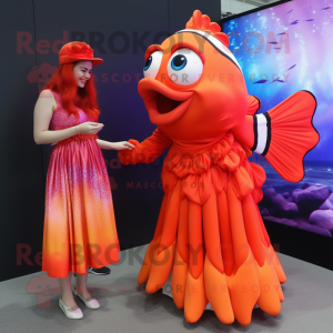 Red Clown Fish mascot costume character dressed with a A-Line Skirt and Watches