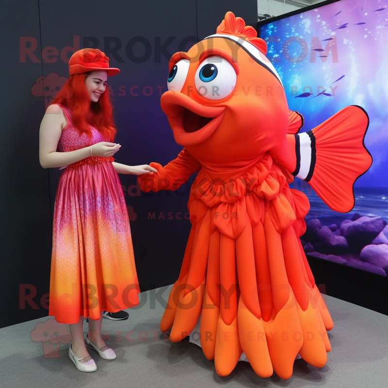 Red Clown Fish mascot costume character dressed with a A-Line