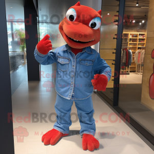 Red Lizard mascot costume character dressed with a Denim Shirt and Shoe laces