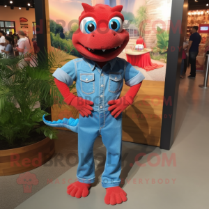 Red Lizard mascot costume character dressed with a Denim Shirt and Shoe laces