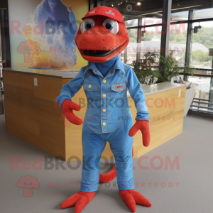 Red Lizard mascot costume character dressed with a Denim Shirt and Shoe laces