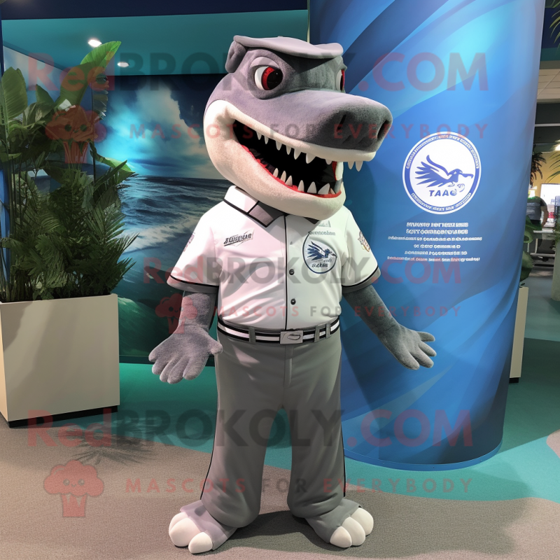 Gray Barracuda mascot costume character dressed with a Polo Shirt and Cummerbunds Gray Barracuda mascot costume character dressed with a Polo Shirt and Cummerbunds