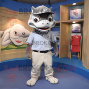 Gray Barracuda mascot costume character dressed with a Polo Shirt and Cummerbunds