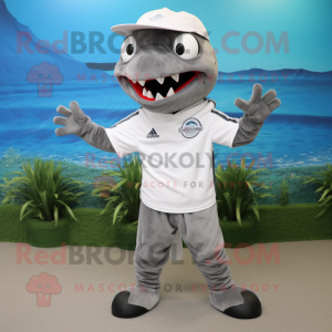 Gray Barracuda mascot costume character dressed with a Polo Shirt and Cummerbunds
