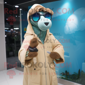 Cyan Camel mascot costume character dressed with a Parka and Eyeglasses