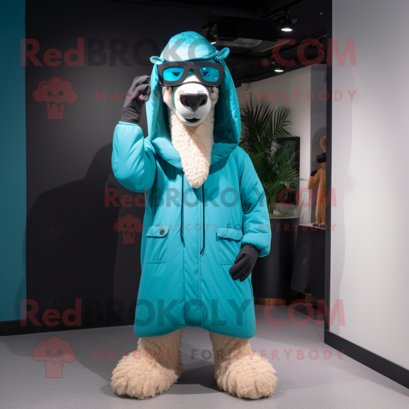 Cyan Camel mascot costume character dressed with a Parka and Eyeglasses