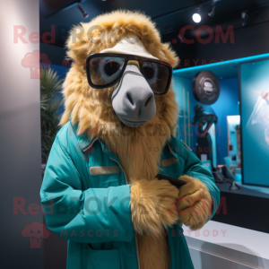 Cyan Camel mascot costume character dressed with a Parka and Eyeglasses