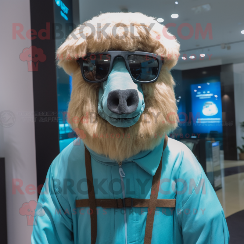 Cyan Camel mascot costume character dressed with a Parka and Eyeglasses Cyan Camel mascot costume character dressed with a Parka and Eyeglasses