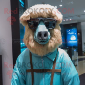 Cyan Camel mascot costume character dressed with a Parka and Eyeglasses