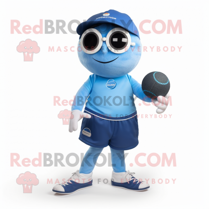 Blue Petanque Ball mascot costume character dressed with a Running Shorts and Wallets Blue Petanque Ball mascot costume character dressed with a Running Shorts and Wallets