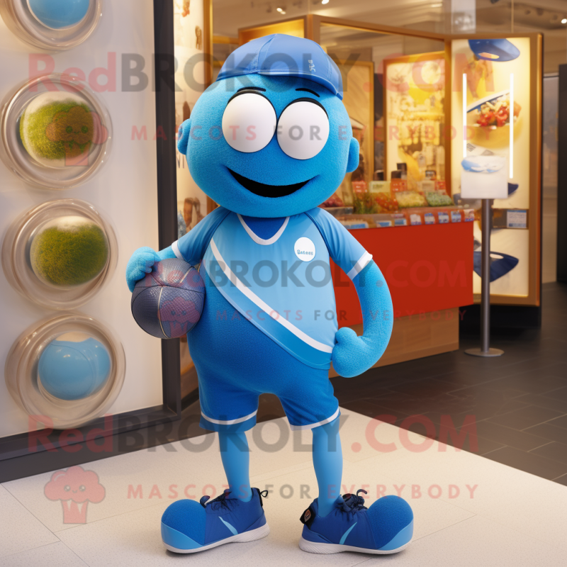 Blue Petanque Ball mascot costume character dressed with a Running Shorts and Wallets Blue Petanque Ball mascot costume character dressed with a Running Shorts and Wallets