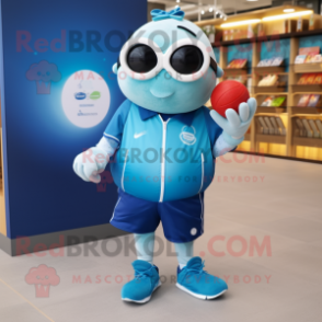 Blue Petanque Ball mascot costume character dressed with a Running Shorts and Wallets