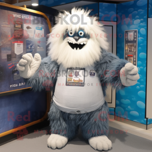 Navy Yeti mascot costume character dressed with a Denim Shorts and Shawl pins