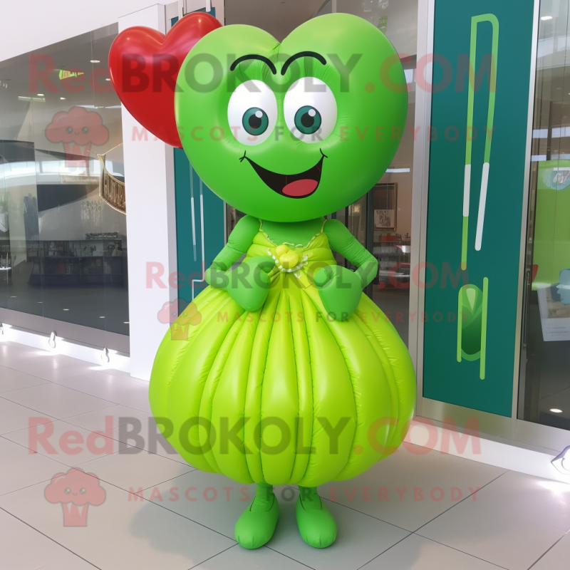 Lime Green Heart Shaped Balloons mascot costume character dressed with a A-Line Dress and Rings Lime Green Heart Shaped Balloons mascot costume character dressed with a A-Line Dress and Rings