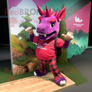Magenta Triceratops mascot costume character dressed with a Flannel Shirt and Anklets