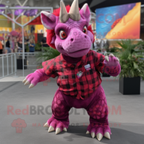 Magenta Triceratops mascot costume character dressed with a Flannel Shirt and Anklets