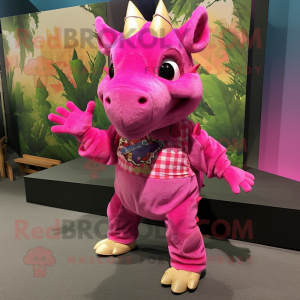 Magenta Triceratops mascot costume character dressed with a Flannel Shirt and Anklets