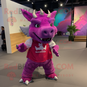 Magenta Triceratops mascot costume character dressed with a Flannel Shirt and Anklets