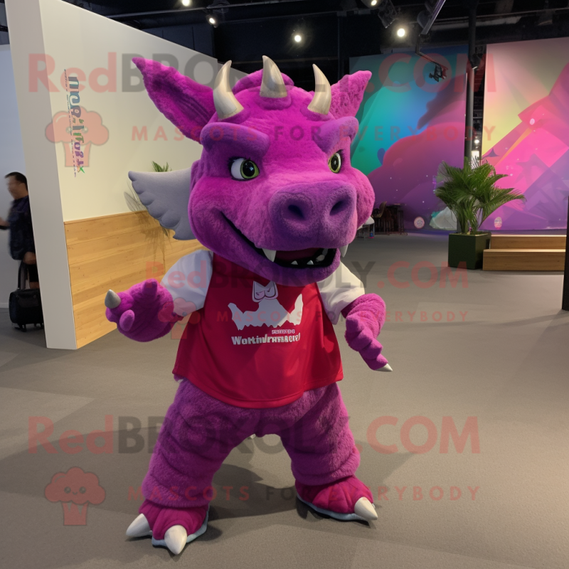 Magenta Triceratops mascot costume character dressed with a Flannel Shirt and Anklets