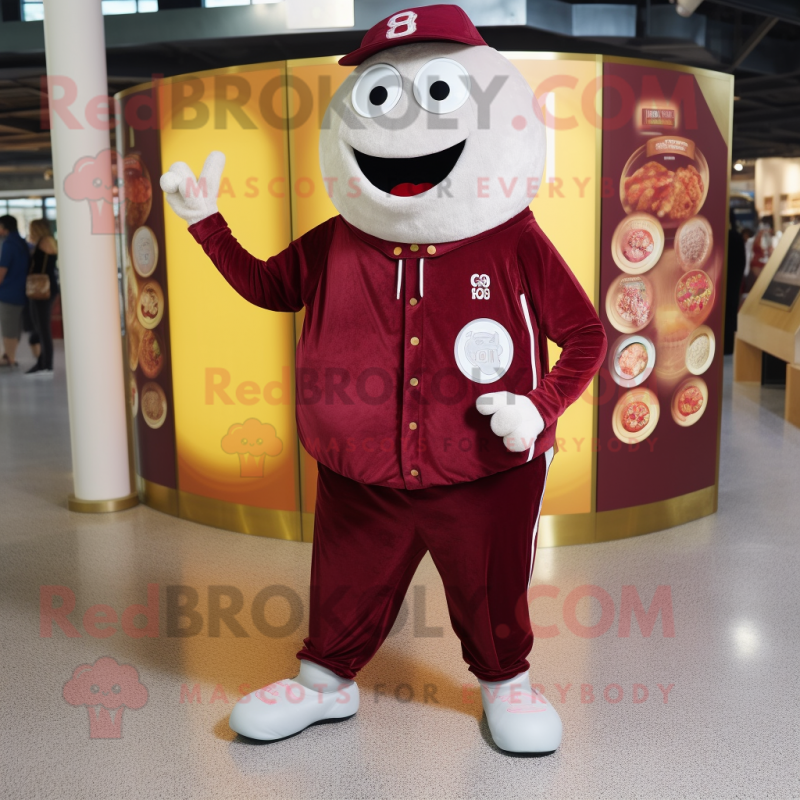 Maroon Champagne mascot costume character dressed with a Chinos and Coin purses Maroon Champagne mascot costume character dressed with a Chinos and Coin purses