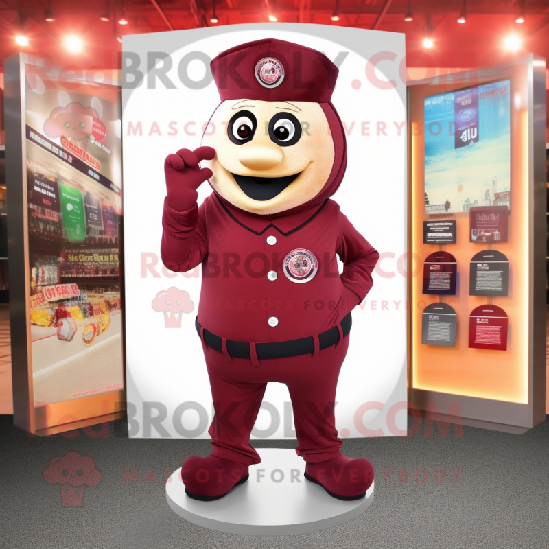 Maroon Champagne mascot costume character dressed with a Chinos and Coin purses Maroon Champagne mascot costume character dressed with a Chinos and Coin purses